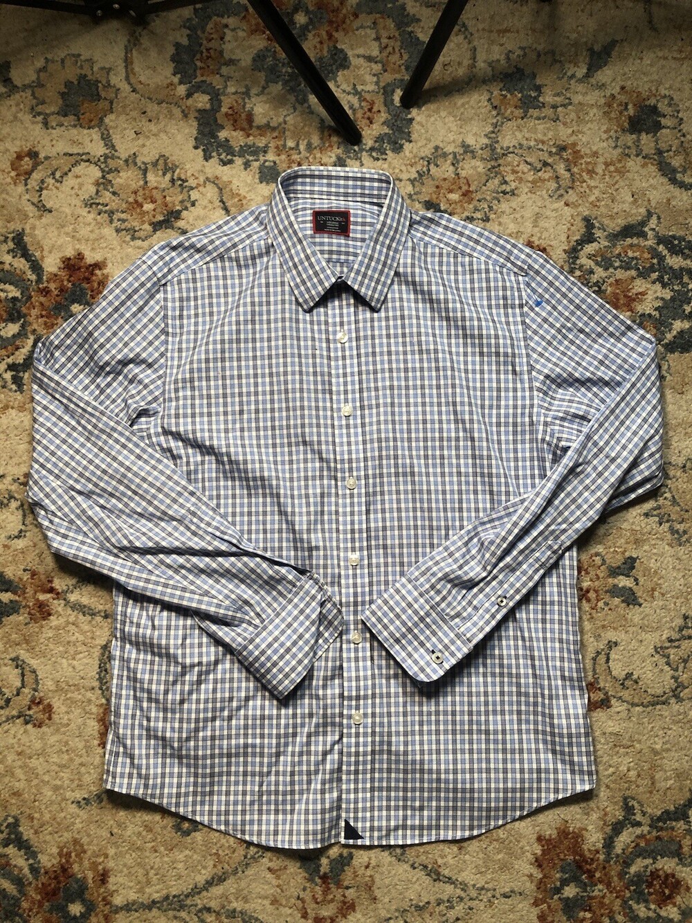 Untuckit Shirt Men's Medium Button Cotton Stretch Dress Blue Plaid Check Gingham